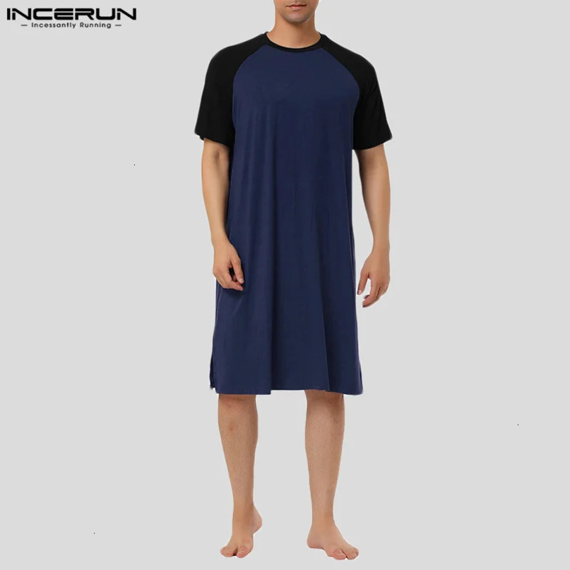 INCERUN Men Robes Sleepwear Patchwork Loose Oneck Short Sleeve Homewear Breathable Casual Cozy Male Loungewear S3XL 240408