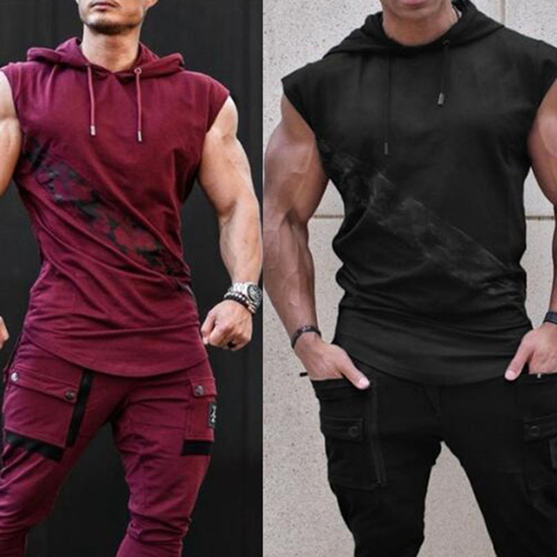 Fashion Summer Mens Sleeveless Hoodie T-Shirts Muscle Sweatshirt Cool Hoody Tops GYM Sport Slim Fitness Hooded Sportswer Tees 210225