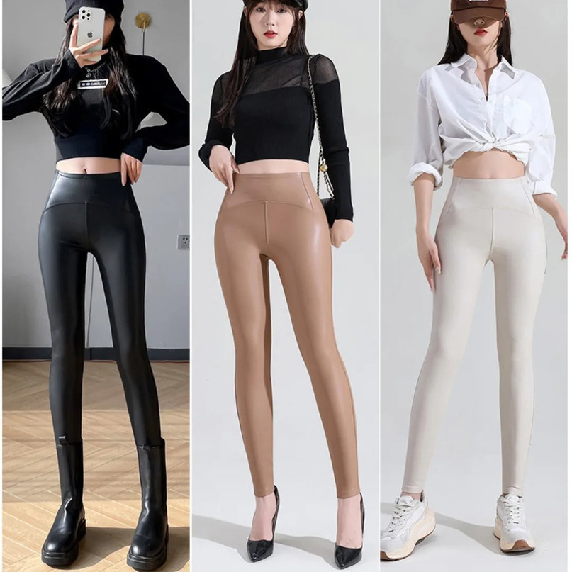 Womens Pants Capris high waisted artificial leather pants casual long legs thick winter and autumn girls pencil beige sexy concave convex shaped 231
