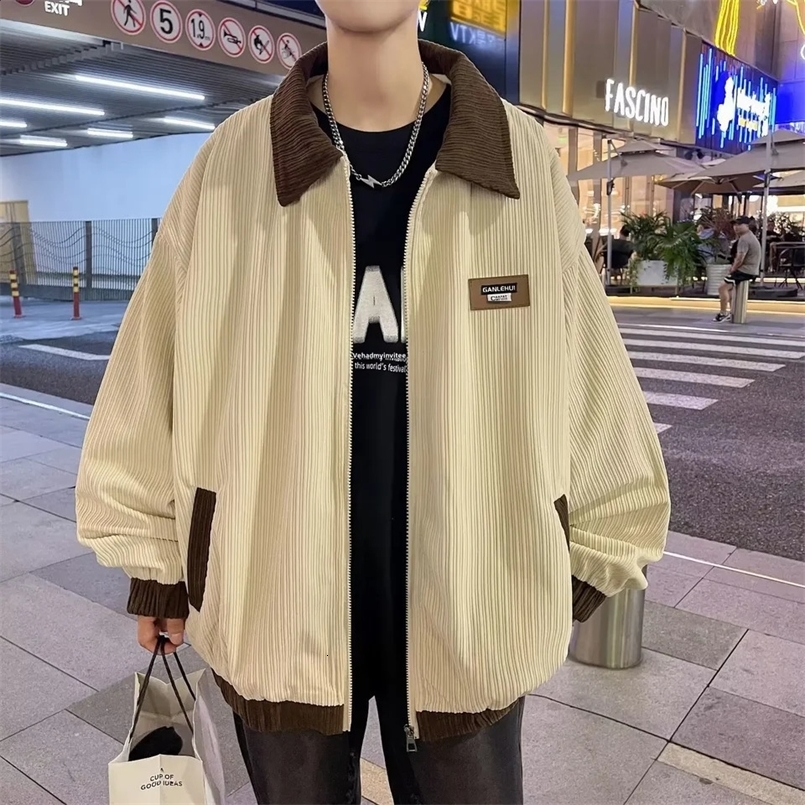 Spring Autumn American Style Lapel Vintage Color Block Trendy Niche High-end Feel Men Womens Corduroy Jacket Couple Wear 240830