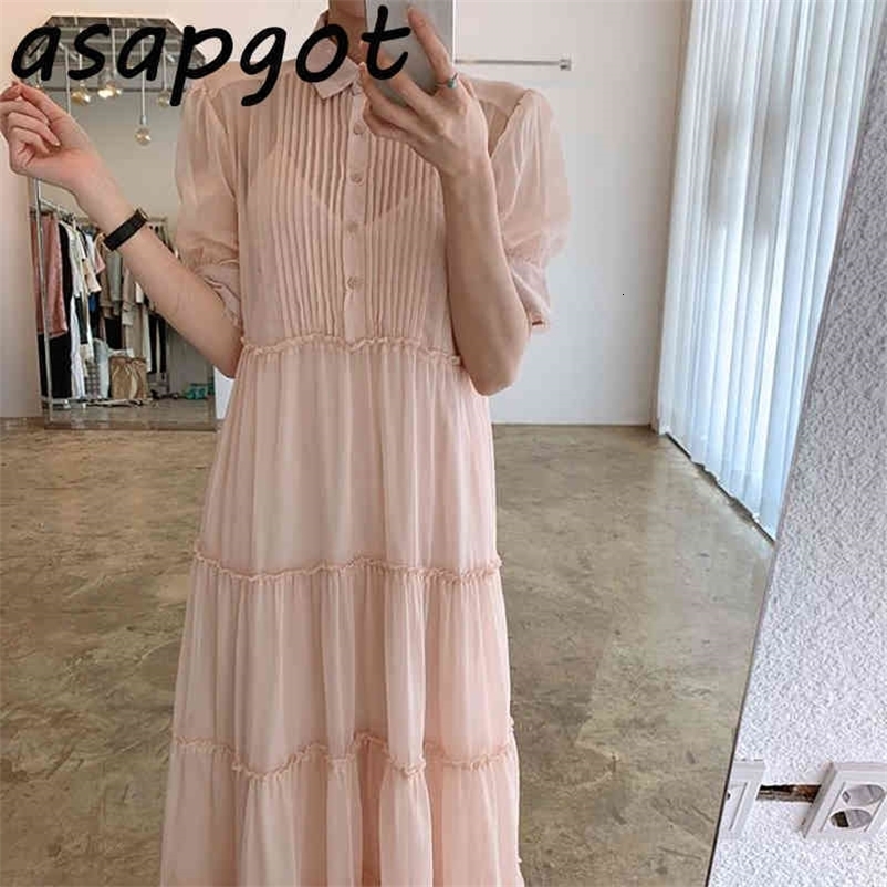 Dresses Chic Summer Sweet Ruffles Short Sleeve Pink Turn Down Collar Dress Women Long Pleated Hollow Out Girls Korea Elegant 210429