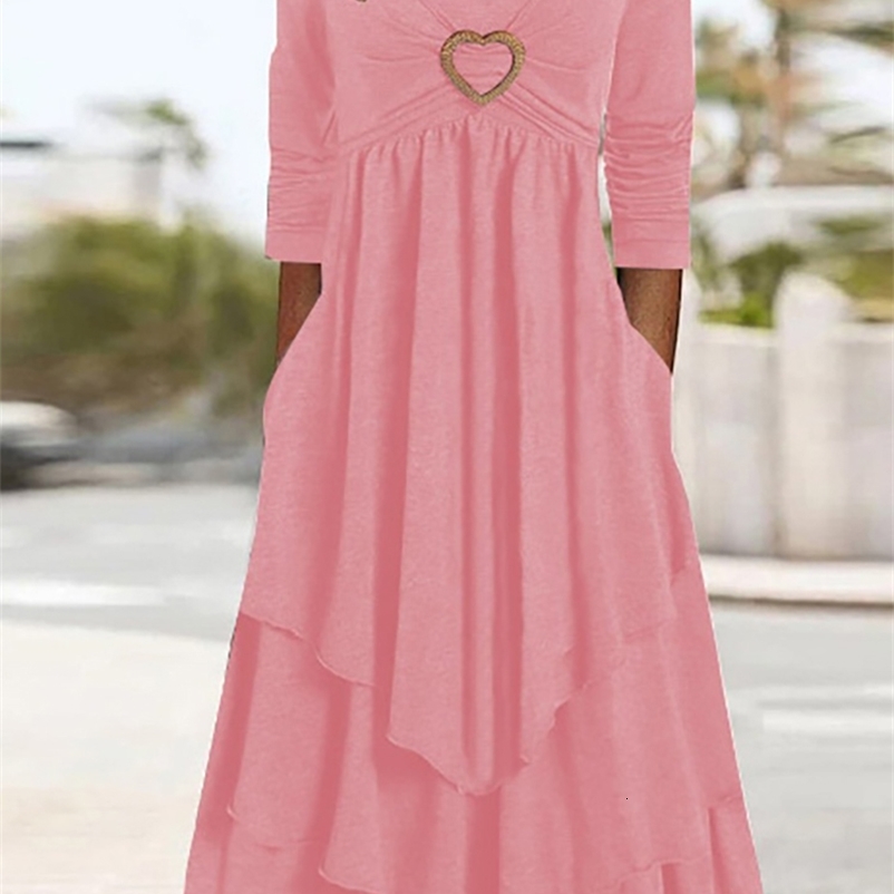 Casual Dresses Women's Patch Work Heart Elegant Midi Dress Women's Long Sleeve Round Neck Ultra Thin Dress Casual Ruffled Solid Office Par