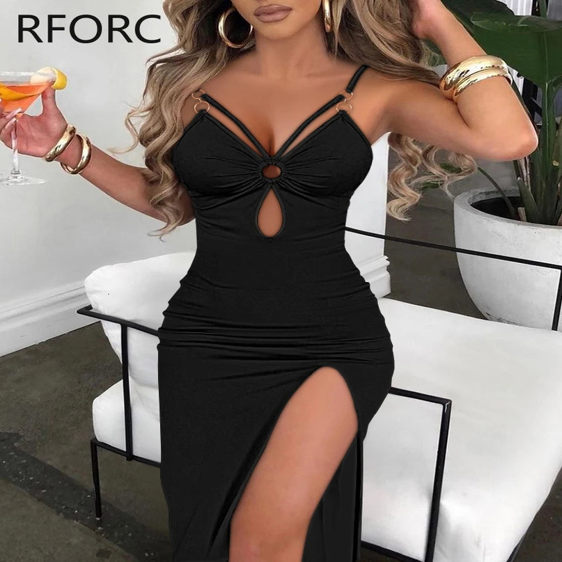 Women Solid Oring Decoration Spaghetti Straps Hollow Out Maxi High Silt Vacation Party Dress 240615