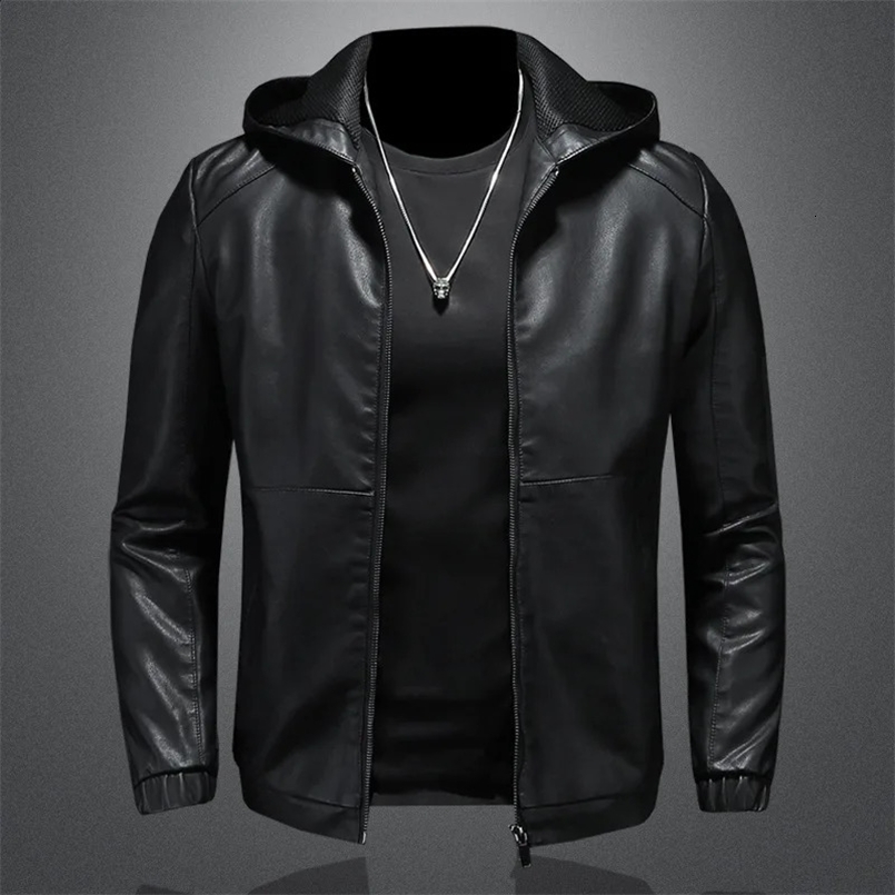 Autumn Mens Casual Coat Hooded Pu Leather Black Jacket Fashion Wear Trendy Men Casaco Masculino Male Clothing Size M-5Xl 240812