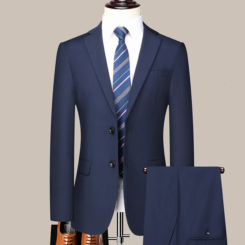 Boutique Blazer Pants Mens Fashion Business Gentleman Trend Slimfit Casual Wedding Travel Plussize Solid Color Suit 240412