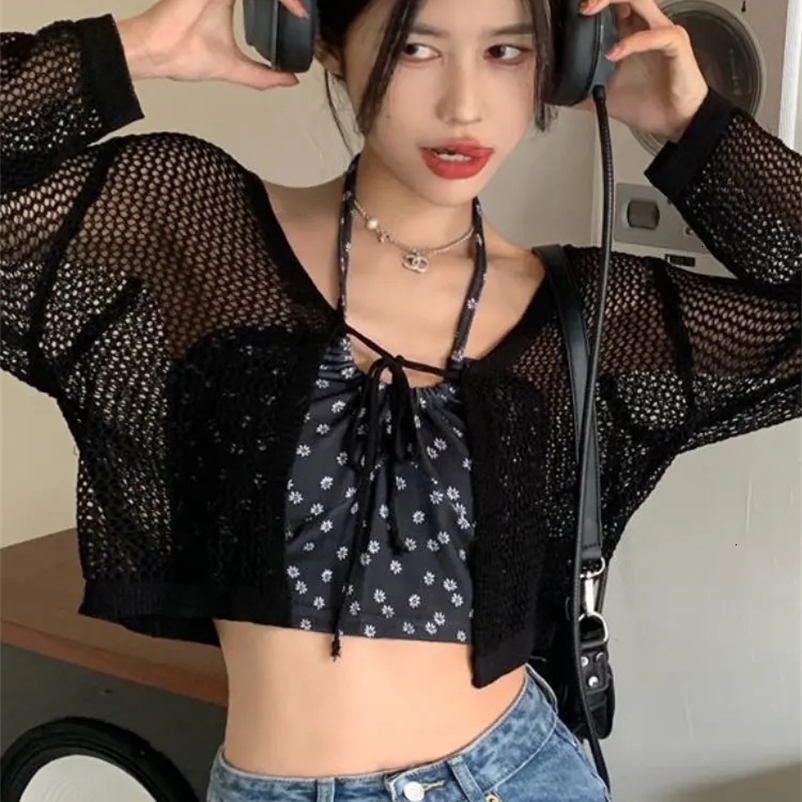 Cardigans Women Sunscreen Thin Summer Knitwear Hollow Out Cropped Casual See-through Streetwear Ins Chic Fashion Loose College 240703