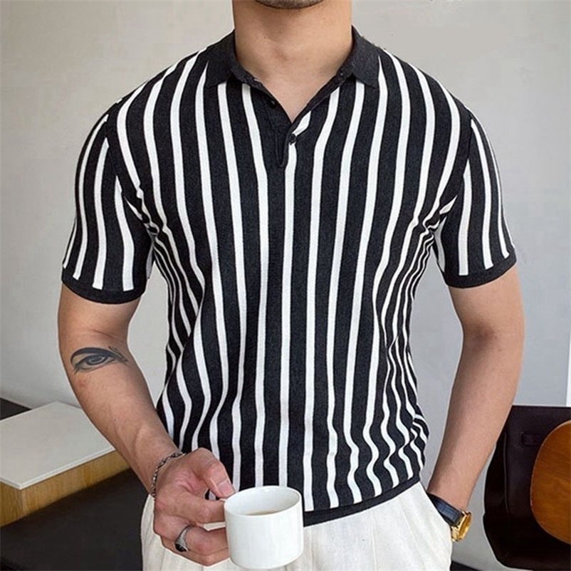 Men's Polos Spring Summer Short Sleeve Knitted Stripe Polo Shirt Casual Men Button Turn-down Collar Tops Men Fashion Polos Tee 230710