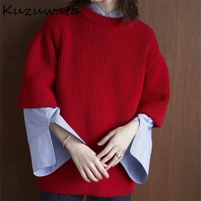 Womens Sweaters Kuzuwata Winter Clothes Women Red Color O Neck Pullover Short Sleeve Pull Femme Literary Vintage Jumpers 220923