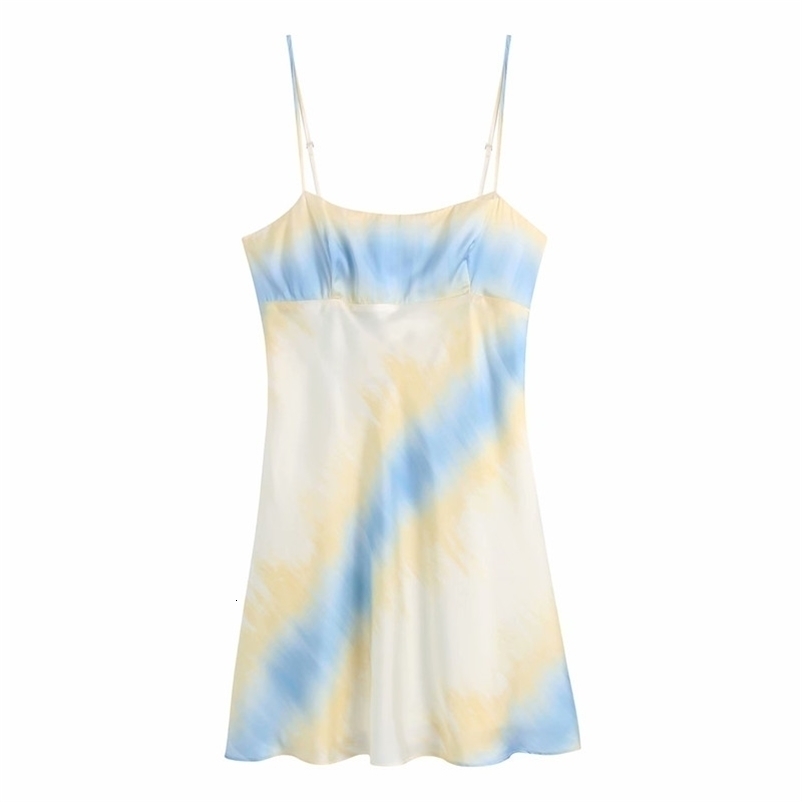 PUWD Sweet Women Square Collar High Waist Dress Summer Fashion Ladies Chinese Style Female Tie Dye Mini Sling 210522