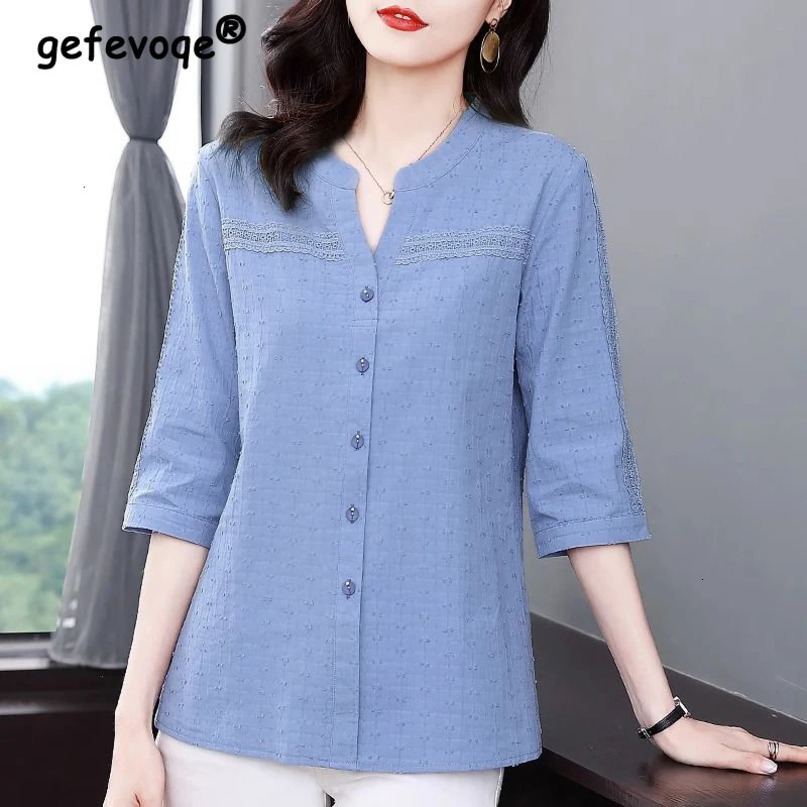 Summer Pure Cotton Lace Patchwork Loose Casual Shirt Female Half Sleeve Simple Allmatch Pullover Top Women Oversized Blouse 240403