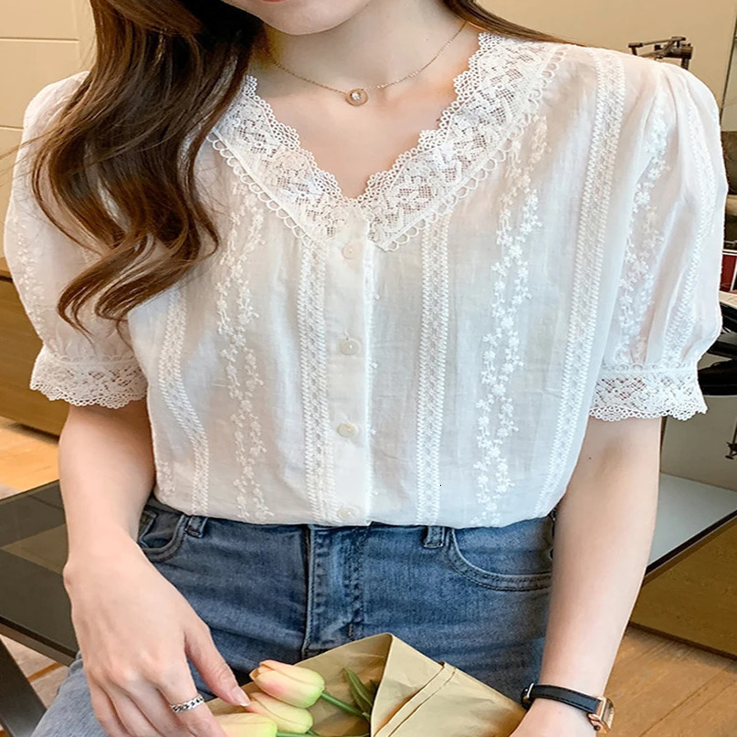 Summer Short Sleeve White Blouse Women Lace VNeck Shirt Blusas Mujer De Moda Verano Tops Blouses Shirts F452 240328