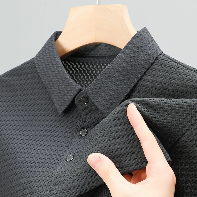 Highend Ice Silk Mesh Thin Shortsleeved Tshirt Mens Summer Casual Lapel Polo Shirt Fashion Solid Color Breathable Tops 240529