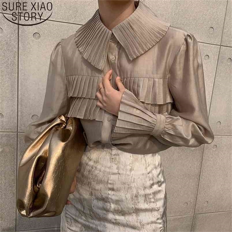 Pleated Blouse See Through Shirt Women Spring Fashion Blouses Turn-down Collar Single-breasted Loose Tops Blusas 13078 210506