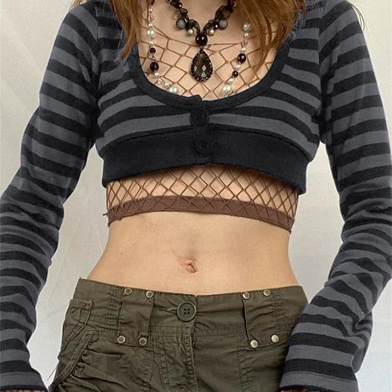 SEASONS Goth Womens Cropped Tops Black Gray Stripe Long Sleeve Mini Pullover Tee Y2K Vintage Streetwear Sexy Female ASTS85388 240703