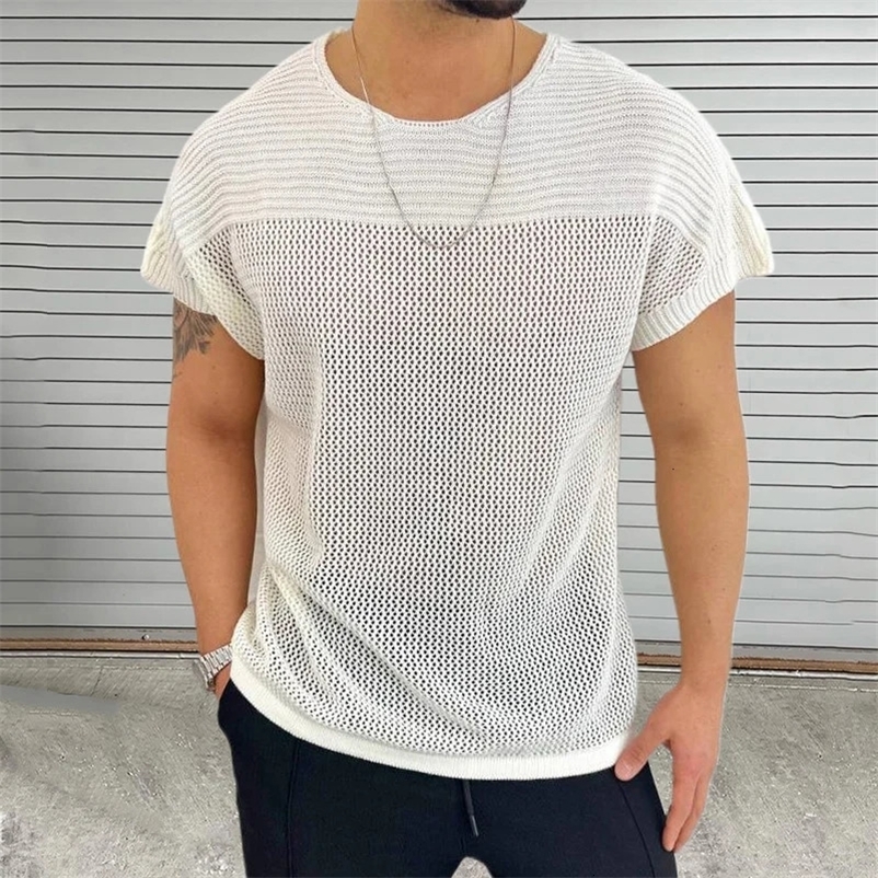 Leisure Hollow Out Breathable Knit Tops Men Summer Vintage O Neck Mens Knitted T-shirt Short Sleeve Solid Color Knitting T Shirt 240513