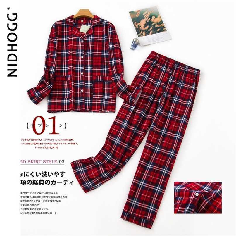 Long Sleeve Pajamas for Women 100% Cotton Plaid Red Sleepwear Lapel Casual Print Set 2 Piece Plus Size Pijamas Home Clothes 211118
