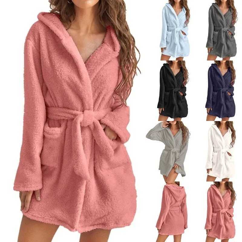 Winter Women Bath Robe Fluffy Plush Pyjamas Ladies Sexy Hooded Dressing Solid Color Gown Warm Bathrobe Female loungewear Z250924