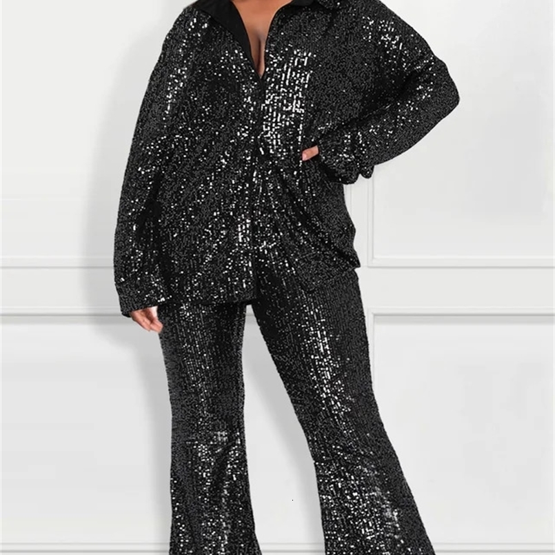 Plus Size Semi Formal Womens Two Piece Pants Sexy Long Sleeved Black Sequin Tops Flare Pants Suits Party Evening Outfits 240823