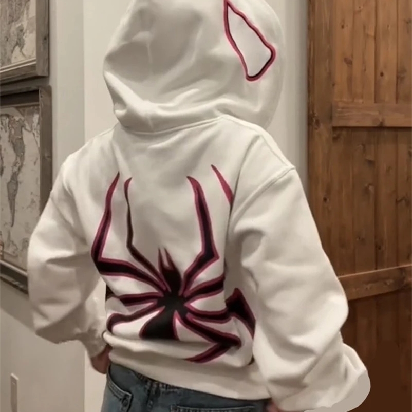 Y2k Spider Print Hoodies Women Men Hip Hop Zipper Long Sleeve Jacket Coats Autumn Winter Harajuku Casual Loose Hooded Sweatshirt 240129