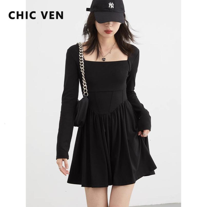Basic Casual Dresses CHIC VEN Women High Waisted Vintage Slash Neck Long Sleeve Ballet Dress Black Ladies Spring Autumn 230821