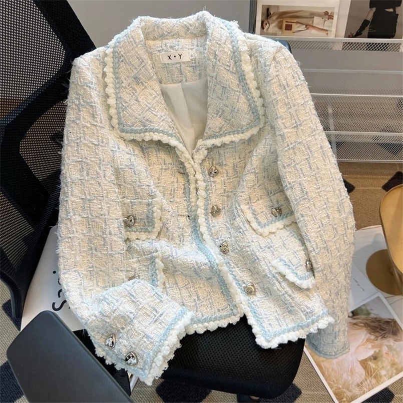Womens Jacket Blue White Small Fragrant Tweed Short Coat Spring Autumn Top Classic Ladies Jacket Outwear Female 240828