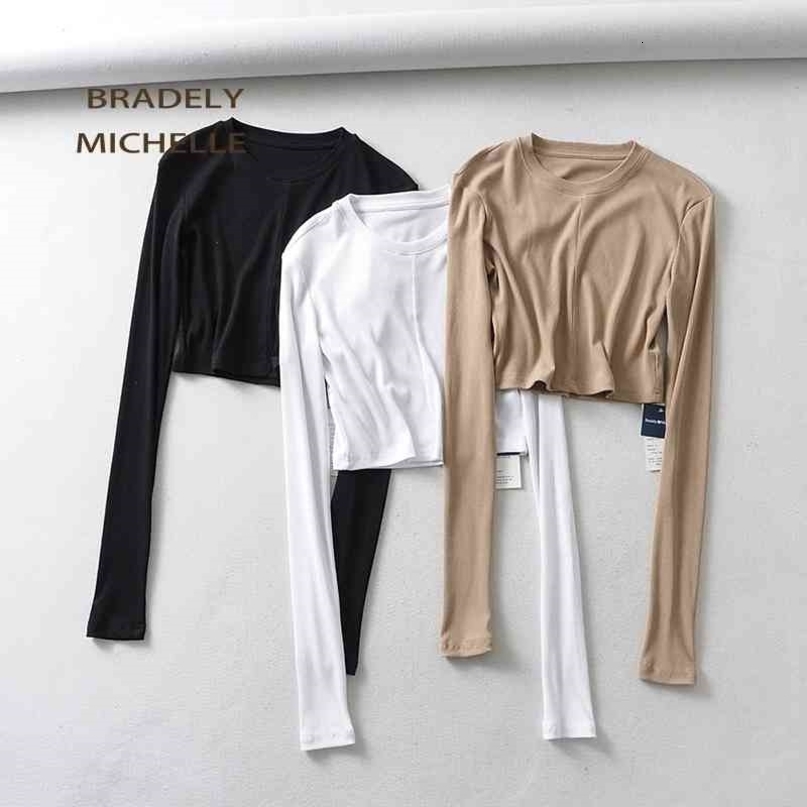 BRADELY MICHELLE Women Summer Soft Sexy Slim Knitted Cotton Crop Tops Super Long-sleeve Basic O-neck t-shirt female 210322