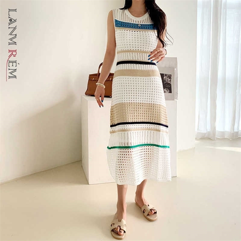 LANMREM Summer recommended Korean elegant small hollow-out fashion stretch dress summer knitted sling dresses WO0150 210607