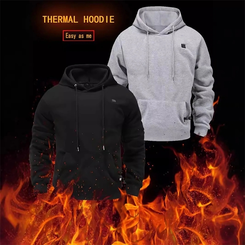 Mens Black Grey USB Five-Zone Heated Hooded Sweatshirts Autumn Winter Oversize Long Sleeve Electric Heating Fleece Pullover Top 241217