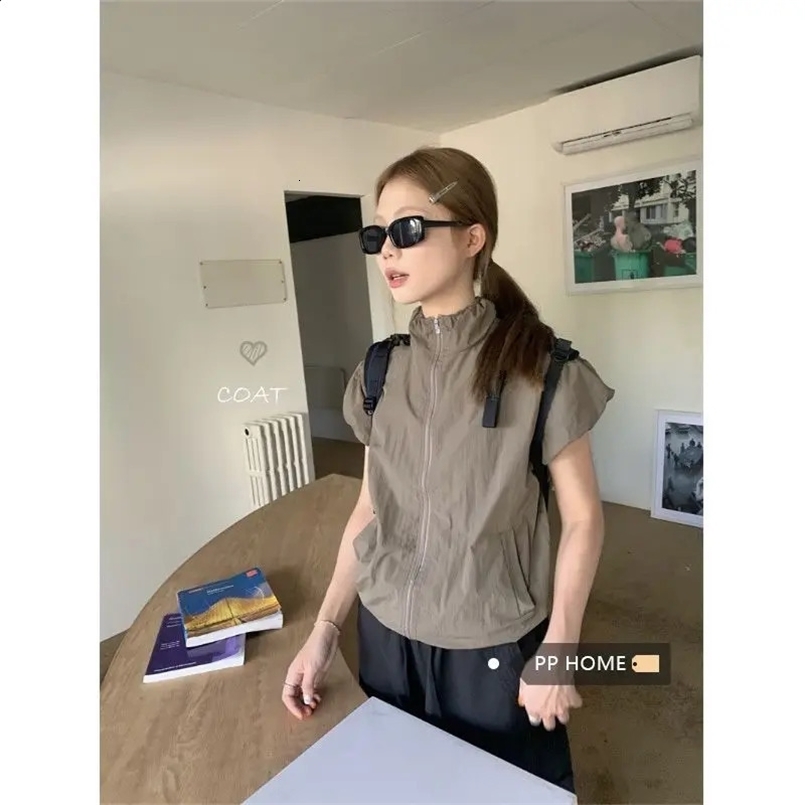Sun Protection Solid Thin Jackets Summer Vintage Slim Stand Neck Coat Casual Zipper Y2k Aesthetic Cargo Short Sleeve Coats Vest 240725