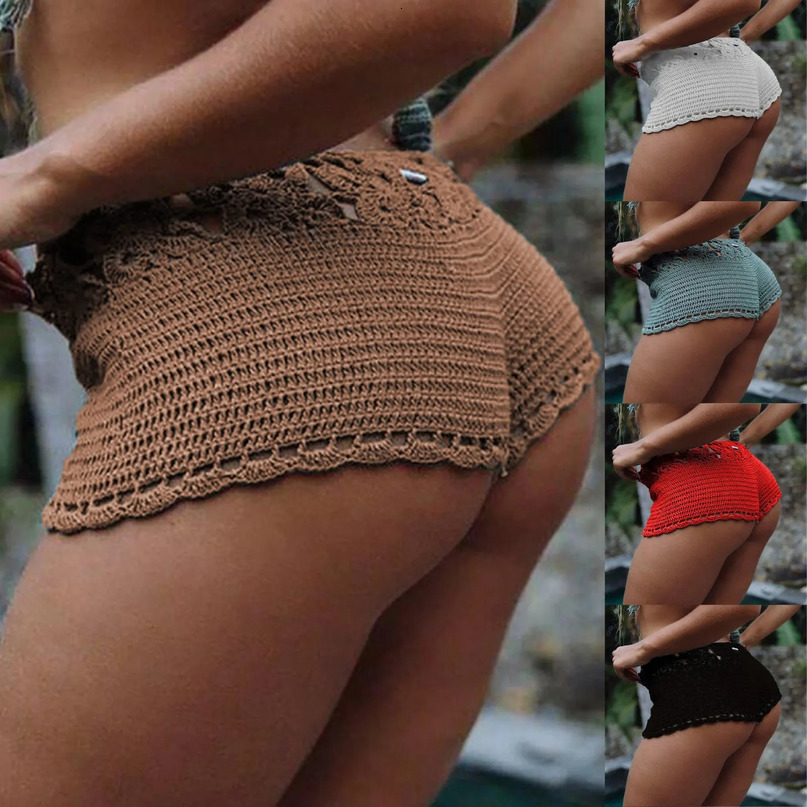 Women Hollow Solid Sexy Knit Shorts Push Up Butt Lift Casual Mini Short Pants Mujer Spring Summer Loose Comfy Cortos 240529