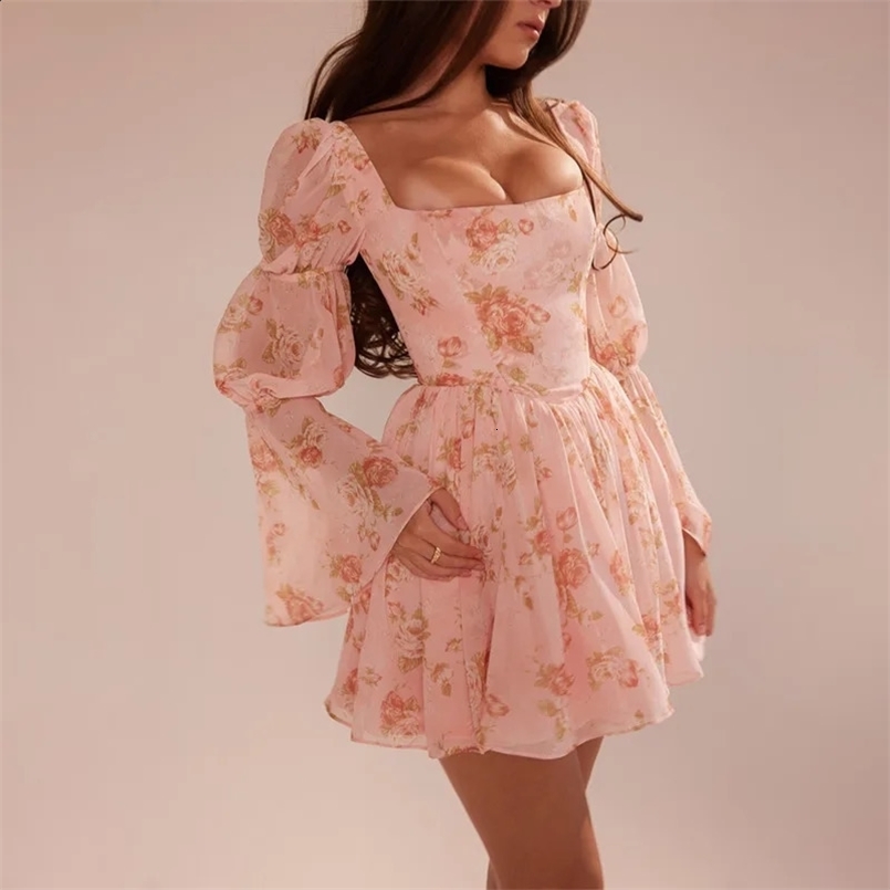 Townlike Floral Print Waist Wrap A-line Dress Women Flare Sleeve Mini Autumn Winter Dress Nightclub Sexy Party Dresses 240823
