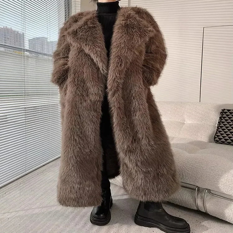Winter Long Brown Thick Warm Soft Artificial Mink Coat Womens Long Sleeve Elegant Unique Fluffy Jacket Fur Coat 241113