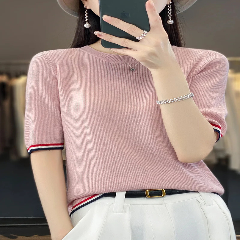 summer womens ice silk round neck knit short sleeve casual colorblocked tshirt top slim thin breathable half 240416