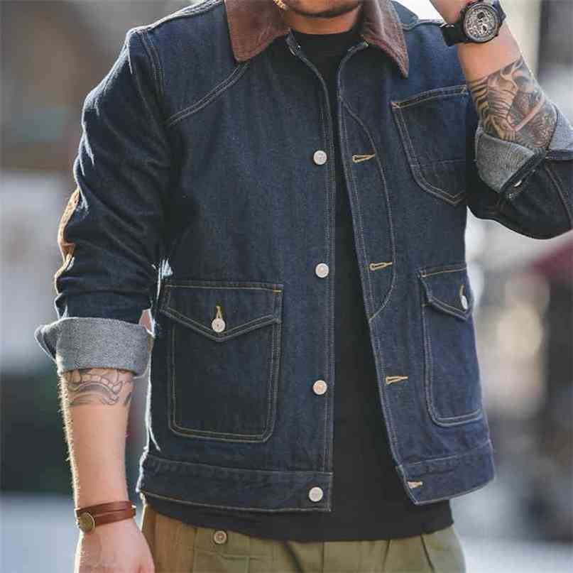 Maden Denim Jean Jackets For Men Loose Cowboy Casual Vintage Blue Coat Peatch Corduroy Cotton Pocket Safari Jacket Man Clothing 210818