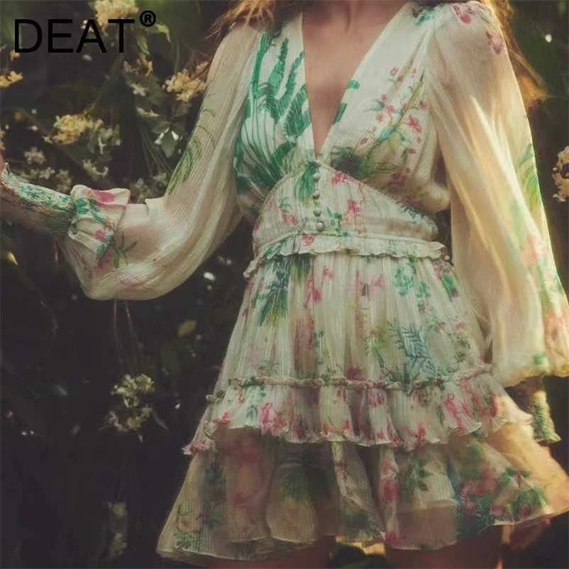 DEAT Women Printing Dress V-Neck Long Sleeve Arrivals Lady Sexy Fashion Temperament Spring Autumn 11D1826 210709