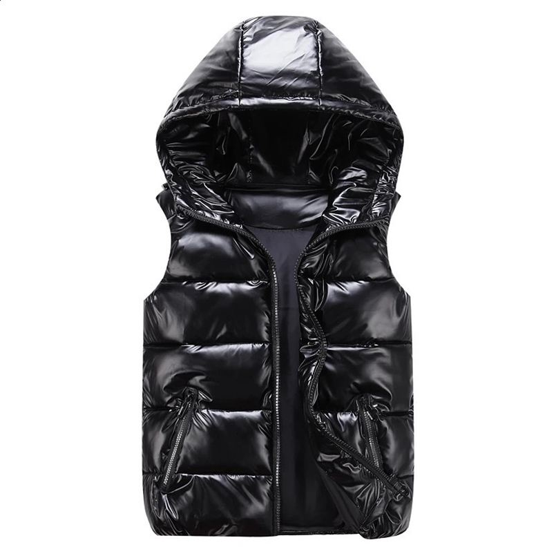 Classic Hooded Vest Man/Woman/Child Winter Hooded Glossy Cotton Vest Casual Waistcoat Mens Sleeveless Jacket Warm Overcoats Hat 241217