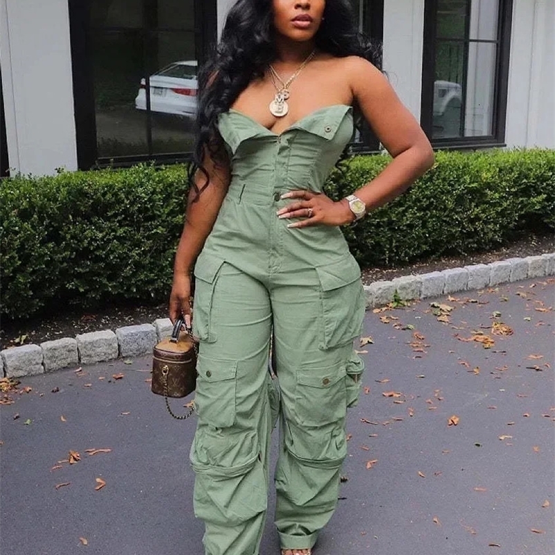 CM.YAYA Fashion Women Strapless Button Front Ruched Cargo Jumpsuit Autumn Sexy Party Street Playsuit One Piece Suit Romper 240529