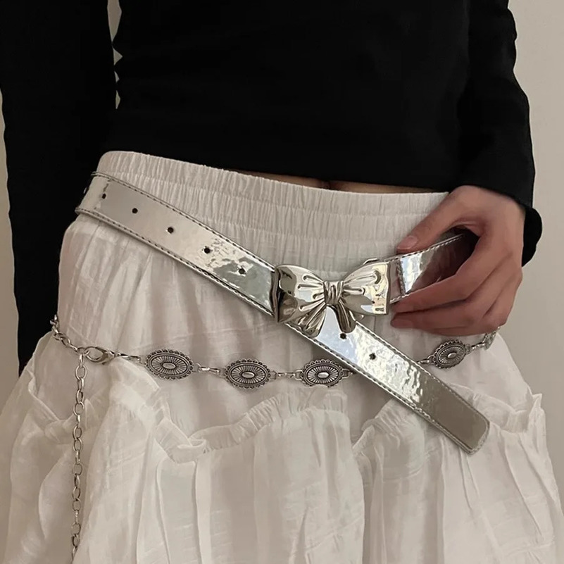 Fashion Goth Y2K Bow Buckle Belts for Women Egirl Black White Leather Belt Dress Jeans Goblinccore Accessories 241231