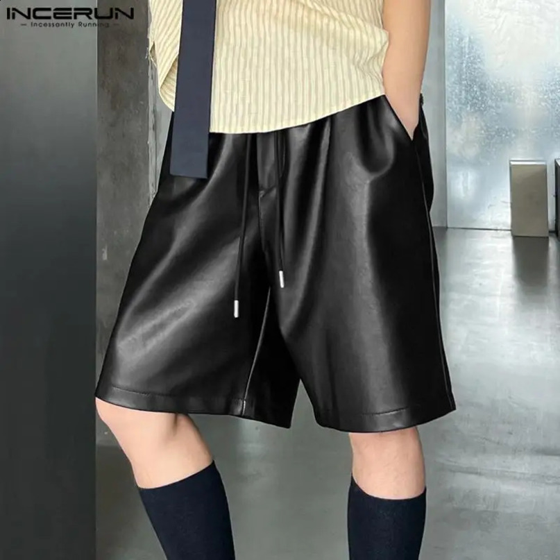 INCERUN Korean Style Men PU Leather Loose Comfortable Shorts Casual Well Fitting Solid Straight Tube Allmatch S5XL 240407