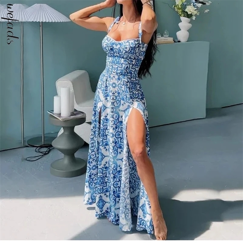 Wefads Women Maxi Dress Summer Sexy Sweet Strap Sleeveless Tie up Backless Split Retro Porcelain Print Slim Beach Party Dresses 240930