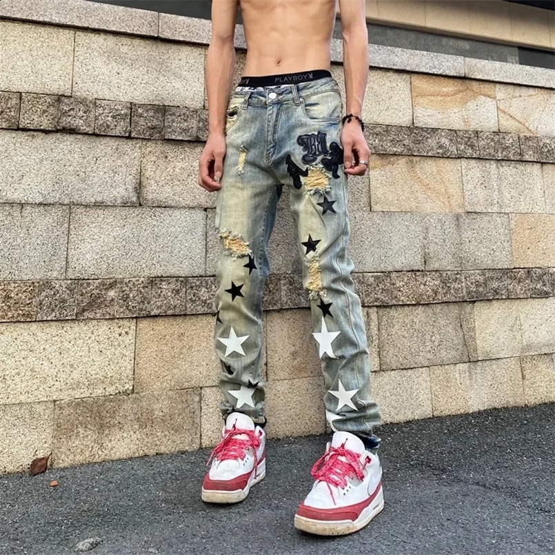 Vintage Star Patch Jeans Men Women Street Hip Hop Slim Fit Trousers American Style High Street Smooths Your Silhouette 240829