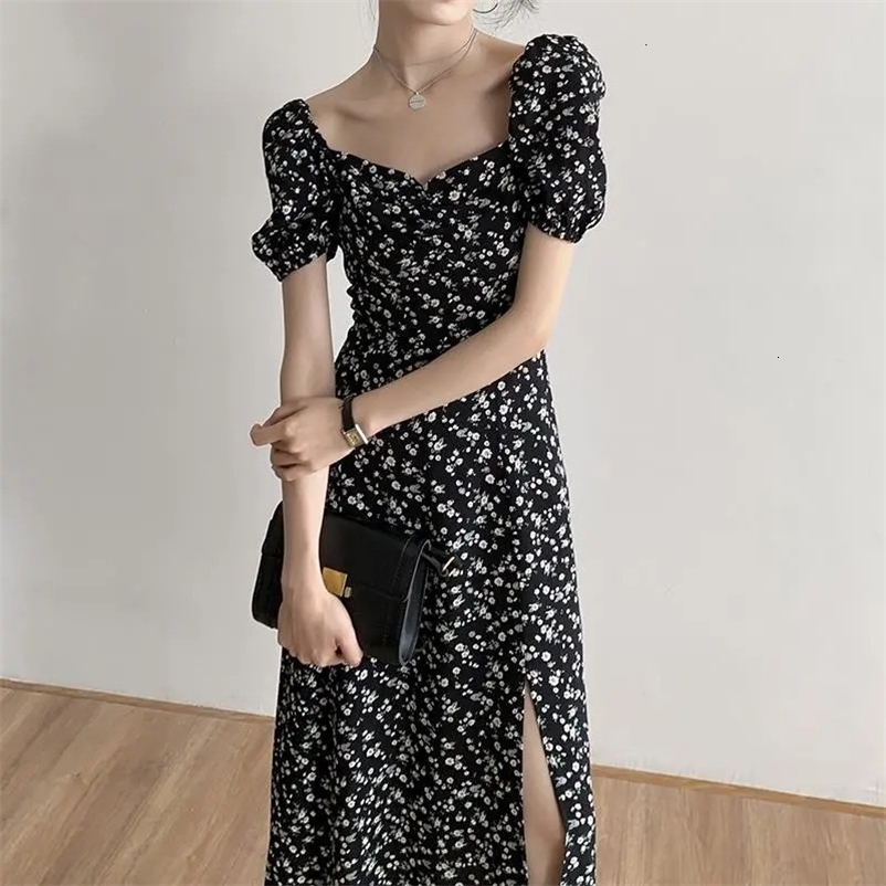 Casual Dresses Summer Bohemian Print Black Dress Women's Vintage Puff Sleeves Square Collar Stitch Dress Beach Holiday A-line Dress 230407