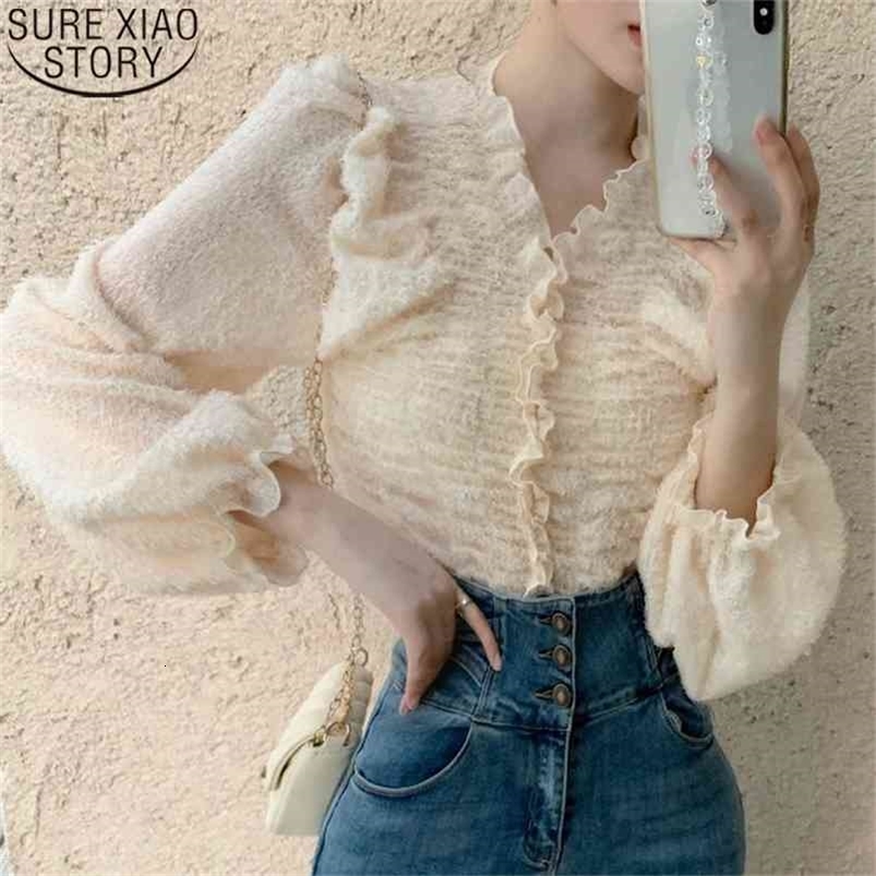 Sweet Lace Blouse Pleated shirt women Spring Korean Loose V-neck Lantern Sleeve pullover French Long Tops 12766 210506