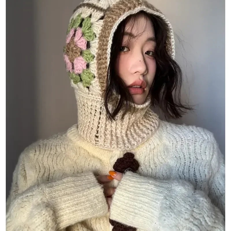 Handmade Crochet Balaclava Hats for Women Autumn and Winter Wool Knitted Pullover Beanies Cap Neck Warmer Female Hooded Caps250214bj