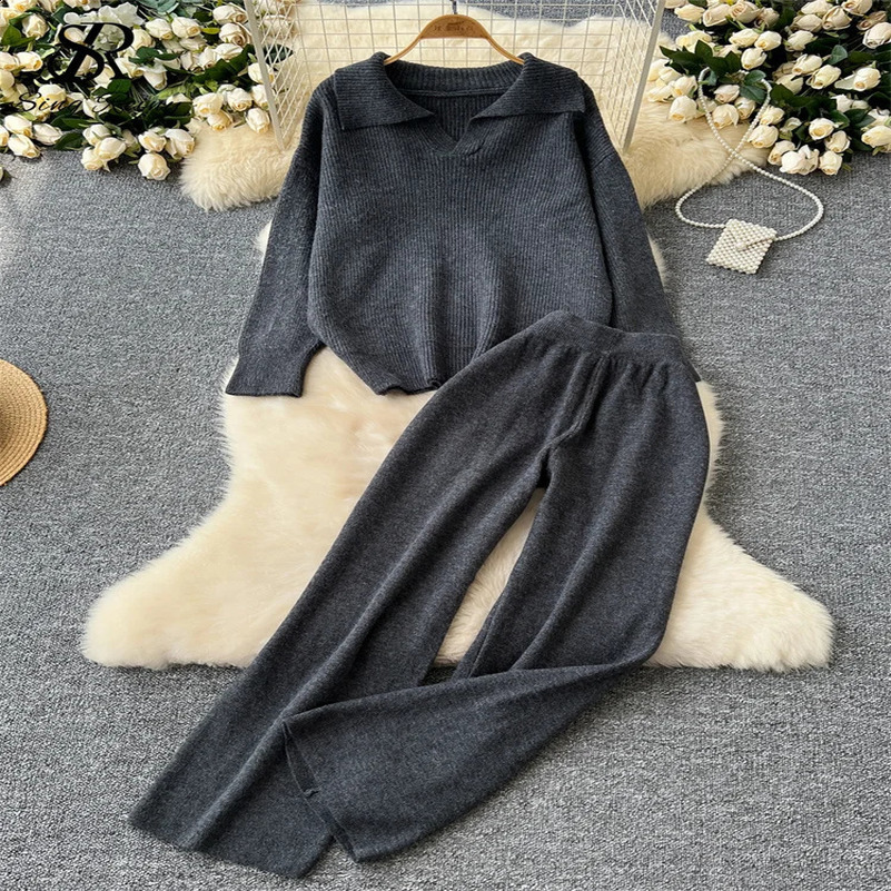 SINGREENY Autumn Casual Thick Set Womens Collar Long Sleeve Loose ZipperWaist Basic Wide Leg Pants Sweater 2-piece Set 241015