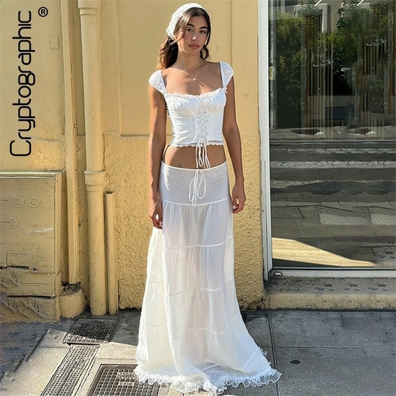 Cryptographic Y2K Lace Floral Two Piece Sets Summer Elegant Outfits Square Neck Lace Up Tie Front Top Dress Sets Festival Club 240829