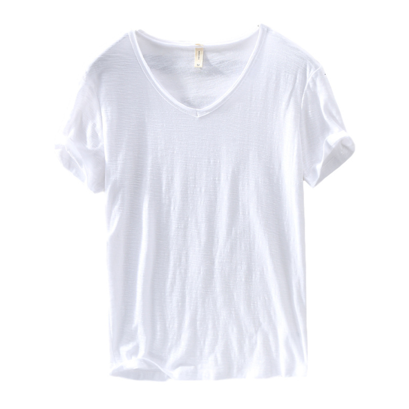 Best Seller T Shirts Men Short Sleeve 100%Pure Cotton V-neck Top Casual Solid White Tee Male Basic Tshirts Clothing 210225