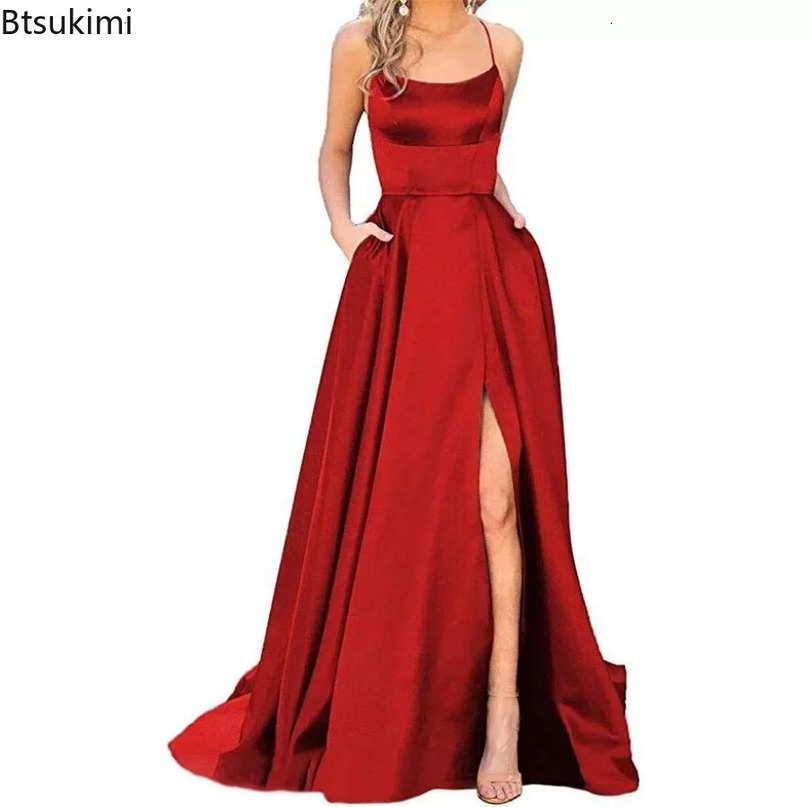 Womens Elegant Prom Dress Sexy Backless Long Satin Italian Noodle Party Slim Bridesmaid Evening Vestido 240615
