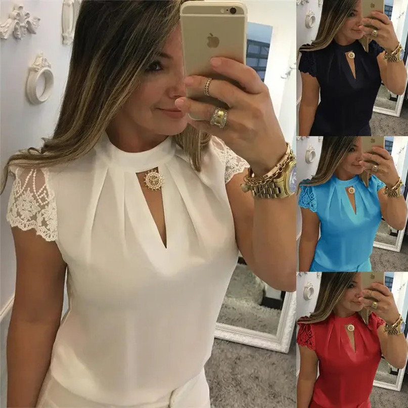 Sexy V Neck Chiffon Short Sleeve Solid Blouse Tops Women Lace Shirts Slim Fit Elegant 240328
