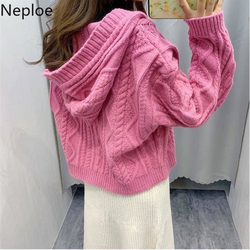 Neploe Solid Cardigans Women's Autumn Winter Full Sleeve Knitted Twist Hooded Sweater Slim Zipper Coat Thick Tops Jumper 55420 201031